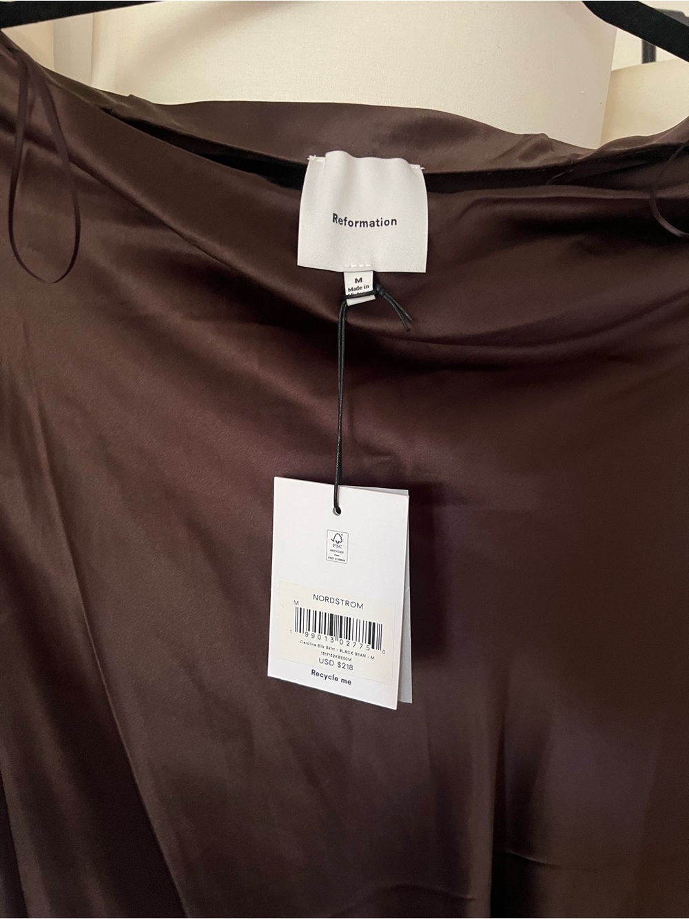 Reformation Chocolate Brown Satin Midi Skirt with Lace Hem - Picture 3 of 3